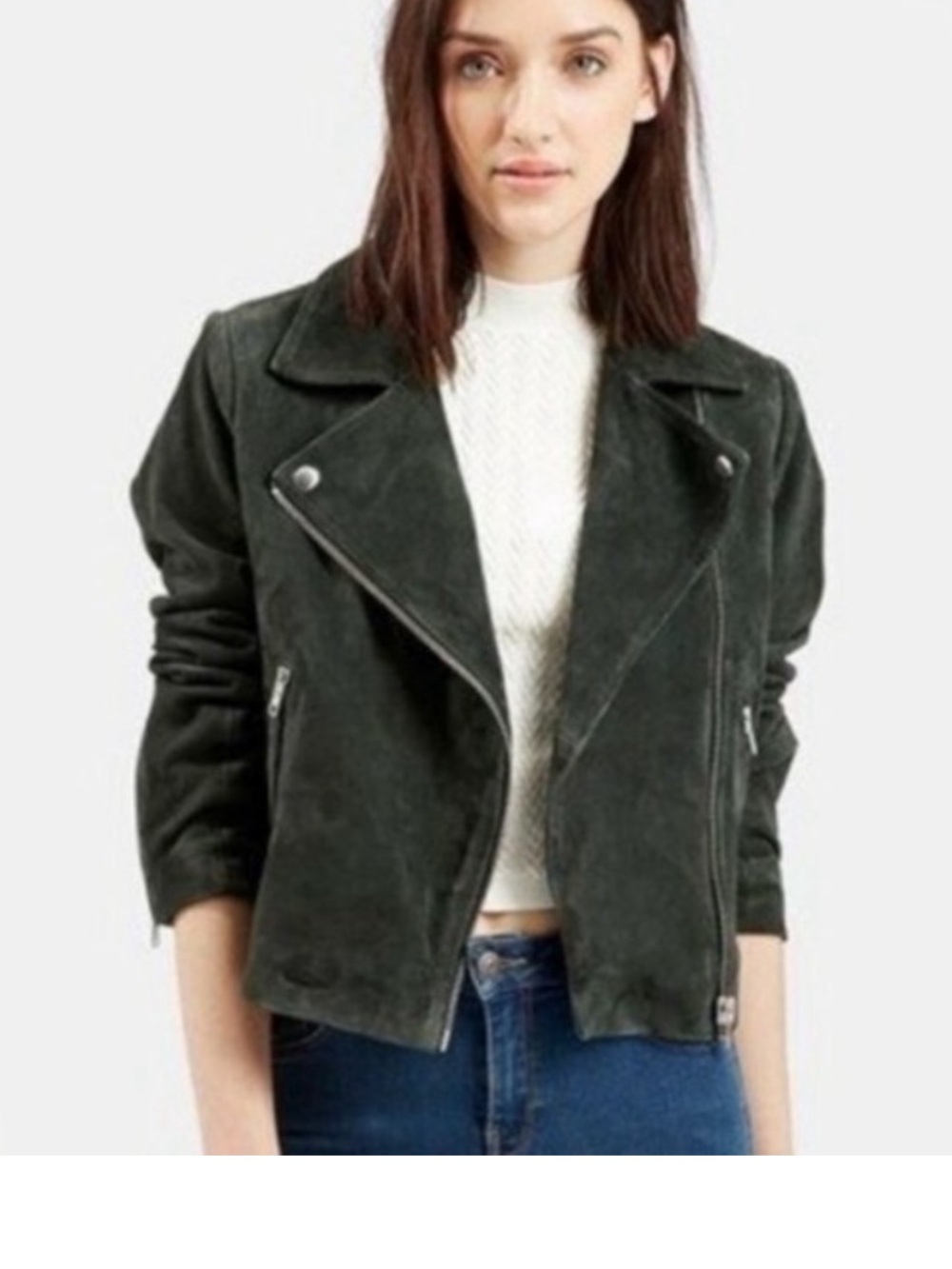 Topshop Suede Moto Jacket in Deep Green - Women's Stylish Outerwear